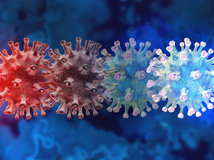 Covid Variants In Canada. An Image of COVID viruses in different shades, implying variation.Best Health Canada Ft Image