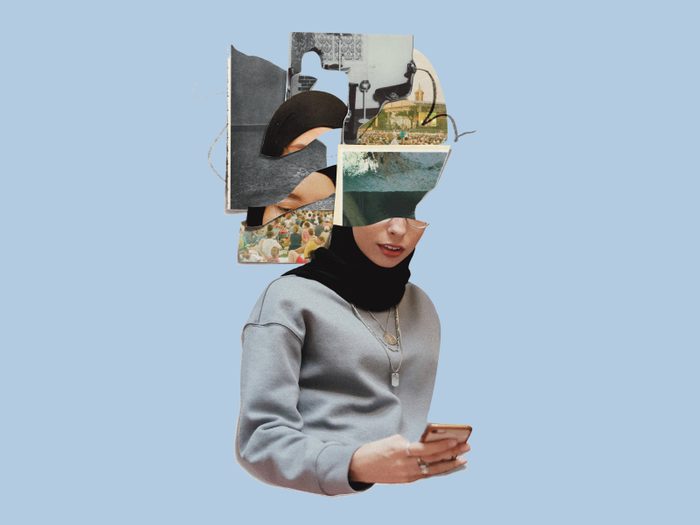 post-pandemic social anxiety | collage of a woman on her phone, her head is all scrambled as she experiences FOMO