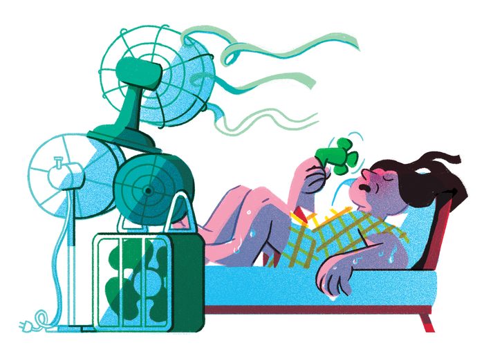 why do we sweat | illustration of a woman in bed sweating with the fan on high
