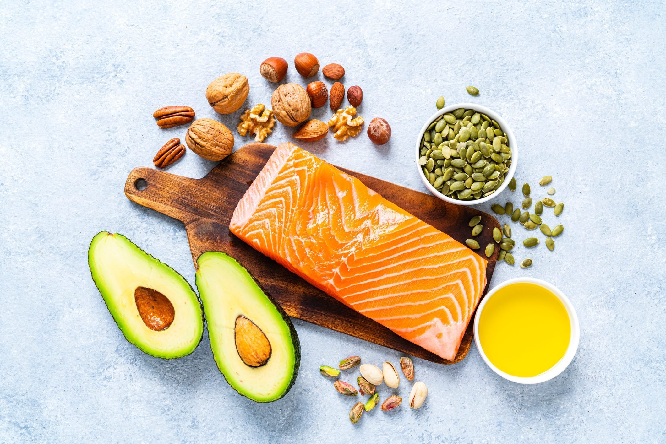 Food With High Content Of Healthy Fats Overhead View