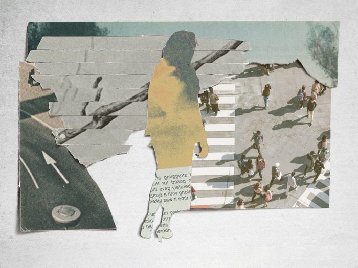 post-pandemic emotional recovery | collage of a silhouette walking layered over images of groups of people