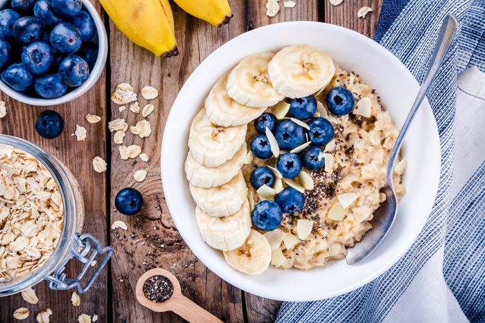 Breakfast Oatmeal With Bananas Blueberries Chia Seeds And Almonds