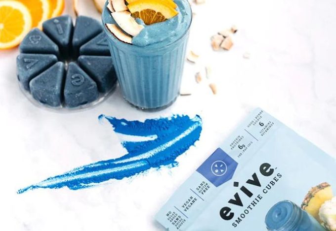 Blue smoothie made with Evive smoothie cubes