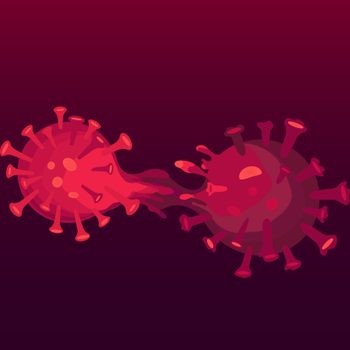 An illustration of two cells on a red background showing how a COVID virus can mutate and create a new covid variant, like Omicron