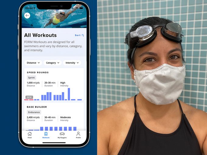 Image of FORM's app and workout options as well as a photograph of the author wearing a mask and the FORM swimming goggles