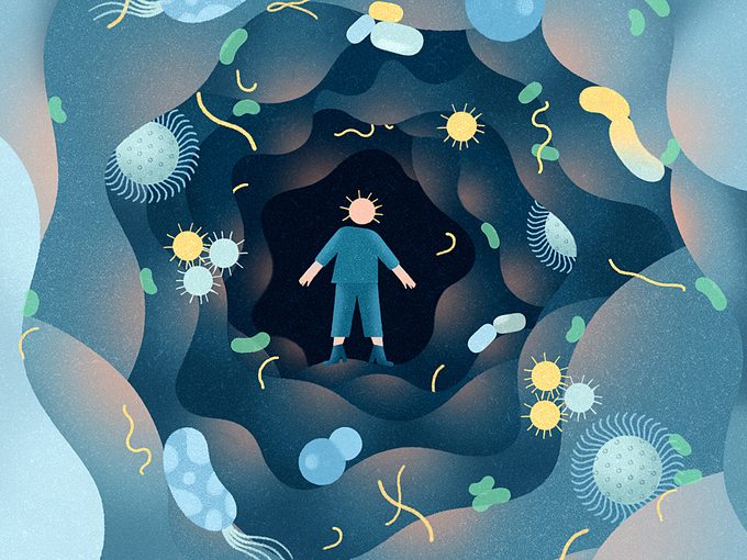 An illustration of a figure inside a gut with microbes floating around, meant to illustrate the mind-gut connection