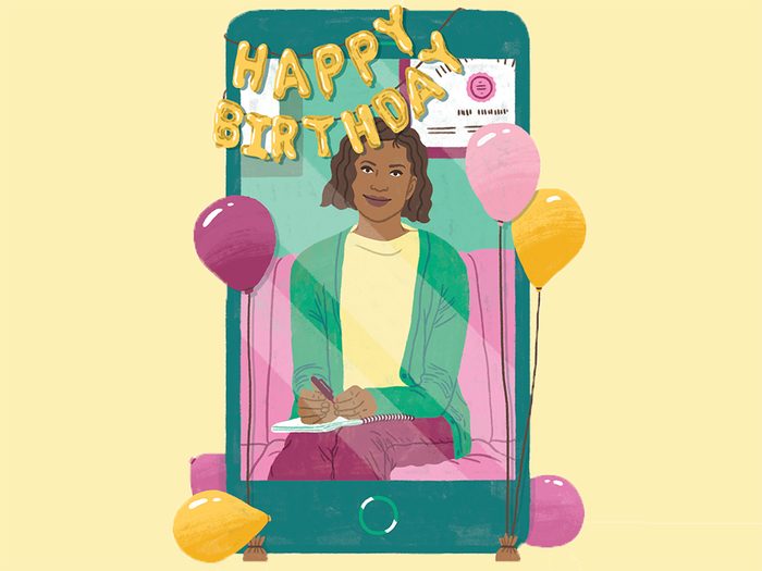wondering what to do on your birthday: An illustration of a cellphone with balloons around it and a happy birthday sign illustrating a virtual therapy session.
