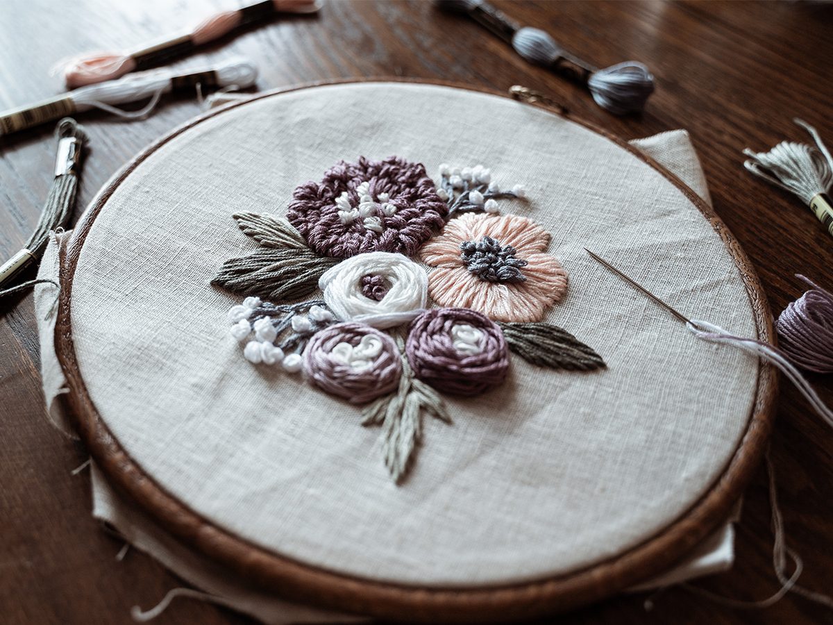 A close up photo of an embroidery project with a cluster of flowers, an example of Craft Kits For Adults Canada Inline13