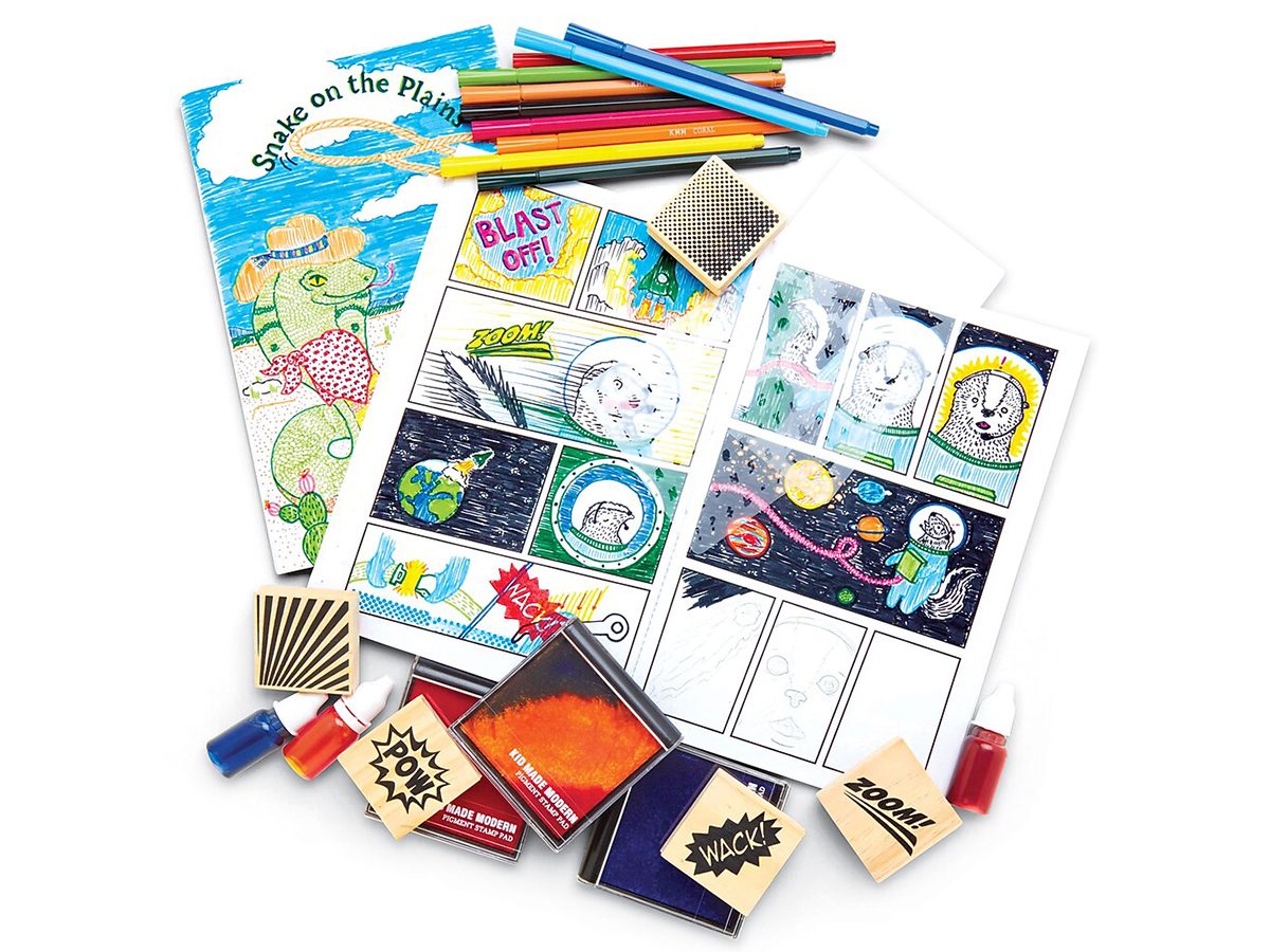 all the supplies from a comic book kit spread out as an example of Craft Kits For Adults Canada Inline15