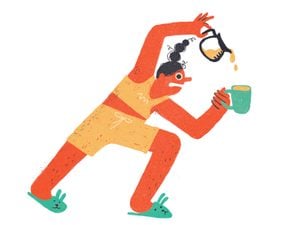 An illustration of a woman pouring a cup of coffee from a coffee pot, Morning Routine Checklist Stretch