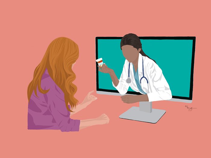 An illustration of a woman on an tablet talking to a physician mean to portray how virtual care is changing Abortion In Canada Pandemic Inline