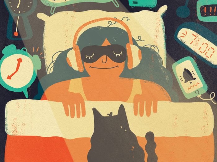 An illustration of a woman sleeping with an eye mask, headphones and surrounded by a cat, alarm clock and other things, for an article about morning routine checklist
