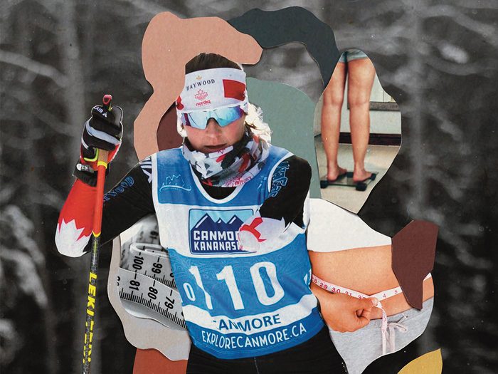 A collage of images of Paralympic biathlete Brittany Hudak with images portraying body image challenges in sport