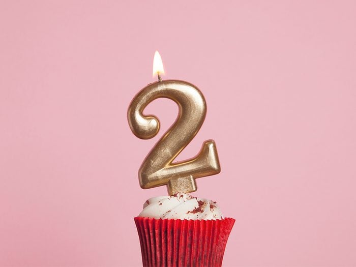 An image of a cupcake with a 2 candle on it representing 2022 Covid Pandemic Anniversary Feature