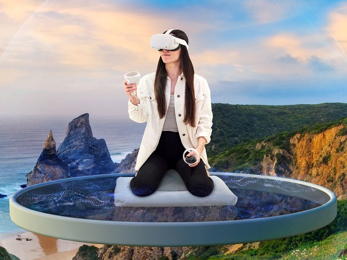 guided meditation VR | screenshot from Hoame's guided meditation vr app showing someone using the app in the skies