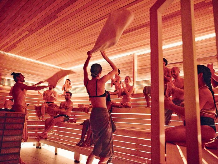 water circuit therapy | People doing water circuit therapy in a sauna