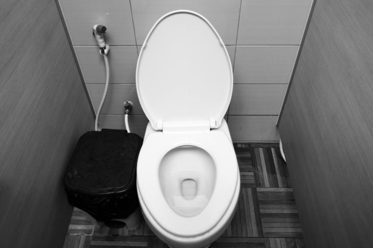 Flushing the toilet in black and white
